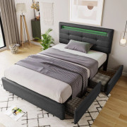 Polsterbett 90x200 med LED, 2 lådor, justerbart huvudgavel och träribbotten – grå med madrass