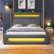 Dubbelsäng 160x200 cm med LED-belysning – Grå tygsäng med hydraulisk förvaring, USB Type-C laddning & ribbotten