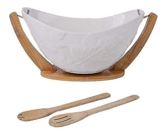 Djupa skålar för sallad, hängande keramik och bambu salladsskål med ställ, dekorativ vagga, fruktbricka