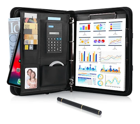 A4 Desktop Folder, Leather Conference Folder, Zipper Document Folder, Waterproof Portfolio with Ring Binder, Clipboard, Notepad, Portfolio