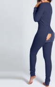 Damunderklädesjumpsuit med baklucka Onesie Pyjamas Ryggknäppt Bodycon Sovkläder Vuxen Onesies Combinaison Pyjama Femme Marinblå