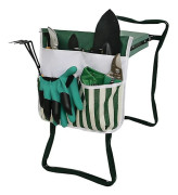 Trädgårdsknäskydd med pall, verktygsväska och hopfällbar design