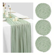 3-pack Salviagrön Bordslöpare i Gasväv 3 meter Ostduk Gasvävsduk 90x300cm Rustik Gasväv Boho Bordslöpare