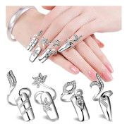 Strass Nagelring Fingerspets Justerbar Öppning Nagelkonst Berlocker Tillbehör För Kvinnor Flickor, Silver