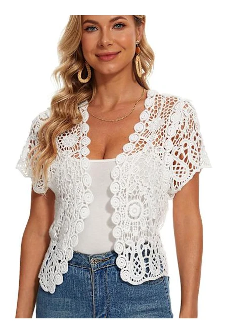 PPWDBB Dam Kortärmad Bolero Kofta Virkad Transparent Kort Jacka Vit X-Large