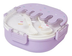 Bento Lunchbox för barn Vuxna 3-fack Plast Söt glass Lunch Snackbehållare med gaffel och sked för skolarbete Resor Lila