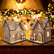 2-pack juldekoration trähus med LED-ljus, DIY julbyhus vinterby juldekorativ dekoration