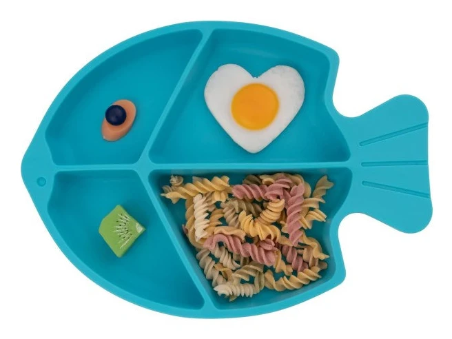 Sugplatta för baby, silikonplattor för småbarn, matningsmaterial passar de flesta barnstolar, BPA-fri, diskmaskin, mikrovågsugnssäker - Blå fisk