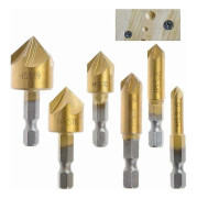 6st HSS Fasfräs 90 Grader 5 Flöjter Försänkare Hålfräs Titanskiktad Fasfräs 1/4\" Träbearbetningsborr Hex Skaft 6mm 8mm 9mm 12m