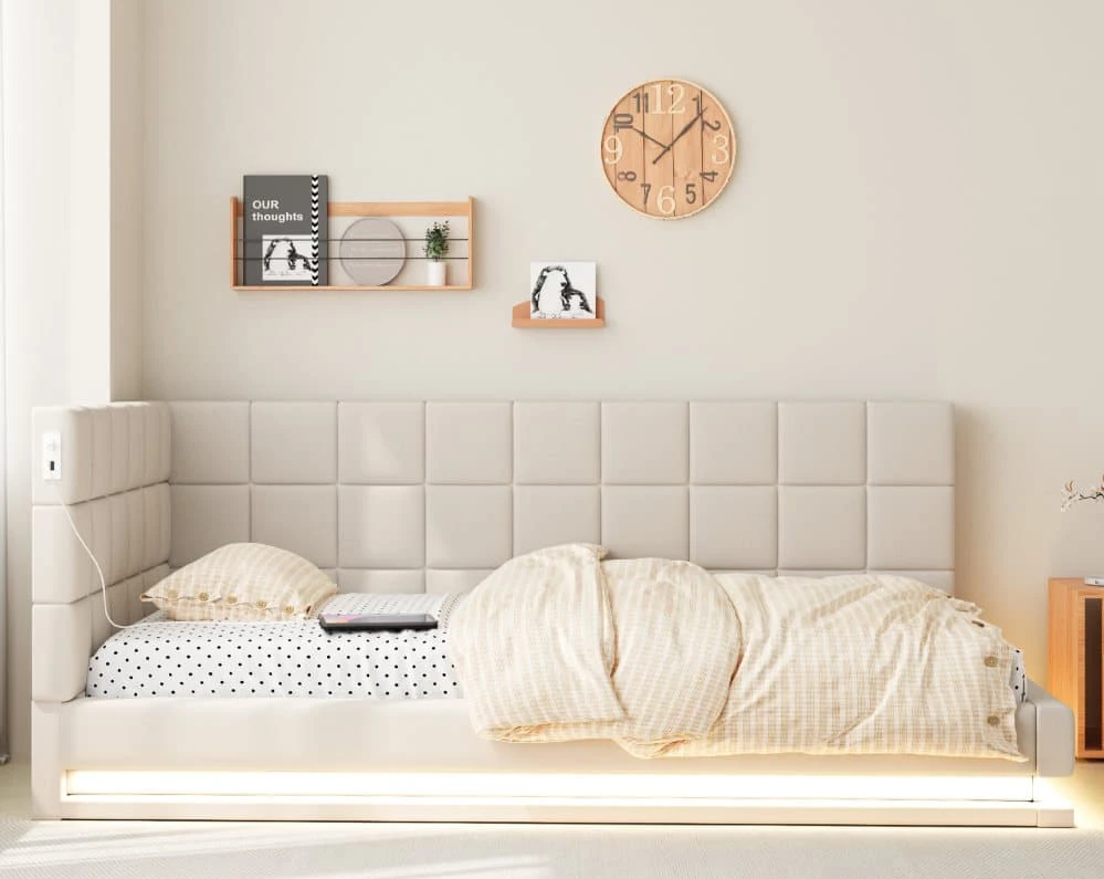 Polstersäng Soffbädd 90x200 cm, LED-ljus, USB-uttag och ribbotten, hudvänlig sammet, beige