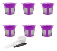 Återanvändbar K-kopp, 6-pack återanvändbart kaffefilter för Keurig 1.0 & 2.0 bryggare, kaffekapslar i rostfritt stål av livsmedelskvalitet med sked och borste (lila)