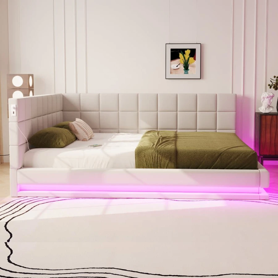 Polstersäng Soffbädd 160x200 cm, LED-ljus, USB-uttag och ribbotten, hudvänlig sammet, beige