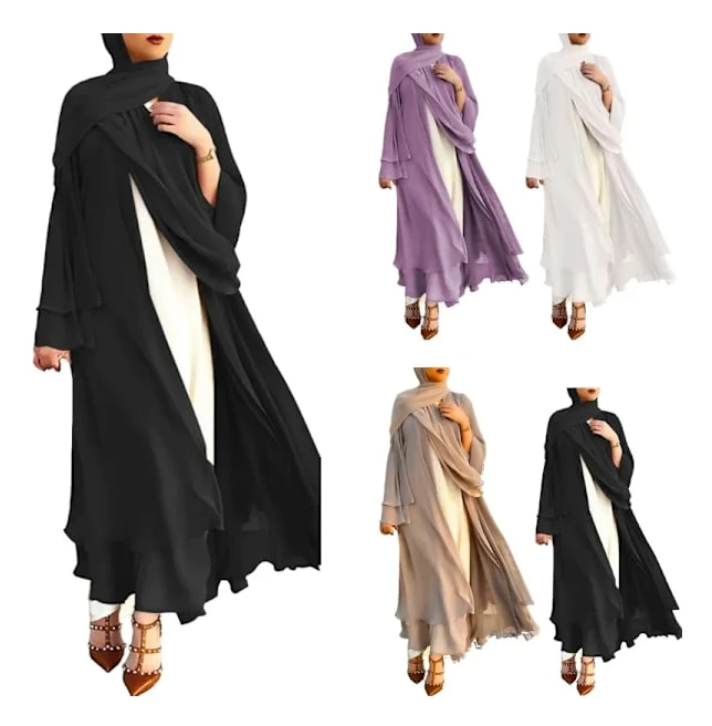 Muslimsk långärmad flödande maxikofta för kvinnor, islamisk öppen kimono Abaya-rock, Turkiet Kaftan, enfärgad, bälte, lös E56F