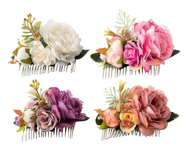 4-pack Metall Hår Sidokammar Slides med Konstgjord Ros Blomma Blommig Bröllop Brud Clips Hårprydnader Hårnålar Barrettes Hårknut