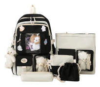 Ryggsäck med söta hängen, 5-delad Kawaii skolryggsäck set flickor, student skolväska vacker ryggsäck, stor Harajuku canvas skolväska