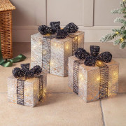 Set med 3 glittrande bomulls LED-julklappar, silver