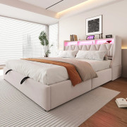 Polstersäng 180x200 cm med hydraulisk förvaring, vikbart huvudända med förvaring, eluttag, hylla, LED, breda ben, dubbelsäng sammet beige