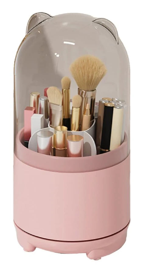 Sminkborsthållare med 360° roterande design, transparent lock, stor kapacitet - rosa