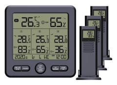 Digital trådlös inomhustermohygrometer utomhus med 3 fjärrsensorer 98ft/30m bakgrundsbelysning och larm svart