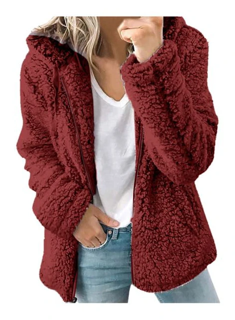 Fleece Fluffig Hoodie för Kvinnor Långärmad Jacka Vinter Varm Nallebjörn Cardigan Röd Röd{hw} Röd M