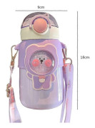 Kawaii vattenflaska med sugrör, söta vattenflaskor med 3D Kawaii-klistermärke, rostfri vattenflaska 600 ml (lila)