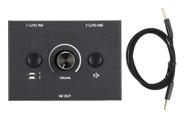 AB Switcher Selector för 3,5 mm ljudutrustning, Bi-Directionell 2 Ingång 1 Utgång eller 1 Ingång 2 Utgång Switchbox med En-Knapps Tystnad, Plug and Play