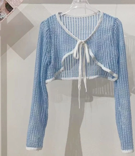 Solskydd Crop Stickad Kofta Tunn Kofta Kappa BLÅ