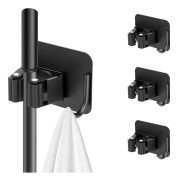 Väggmonterat kvastställ, 4-pack (Svart) - Väggmonterat kvastställ utan borrning, självhäftande mopphållare med krokar, stor storlek