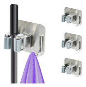 Väggmonterad Kvast- och Mopphållare, 4-pack (Silver), Självhäftande, Borrfri, med Krokar, Förvaring för Kök och Spa