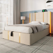 Enkeltsäng 90x200 med LED, USB-C laddning, appstyrning och förvaring – beige linnetyg och träram (med madrass)