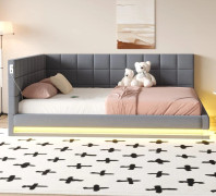 Polstersäng Soffbädd 160x200 cm, LED-ljus, USB-uttag och ribbotten, hudvänlig sammet, grå