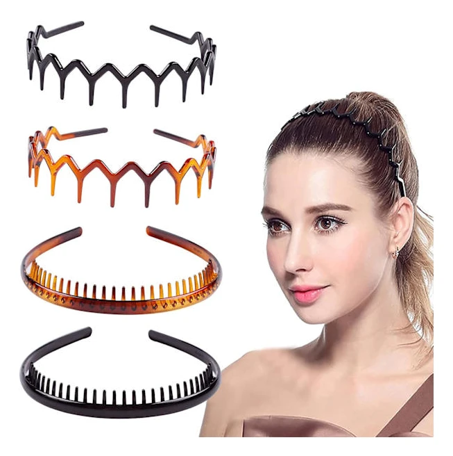 4 Pcs Plastic Hair Combs Headbands, Comfortable Wavy Toothed Headbands, Hard Headbands for Women Men Girls, 4 Styles