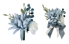 2 st Dusty Blue Rose Handledsblommor och Knapphålssats Handgjorda Brud Handledsblomma Herr Knapphål för Bröllop Balfest Dekoration