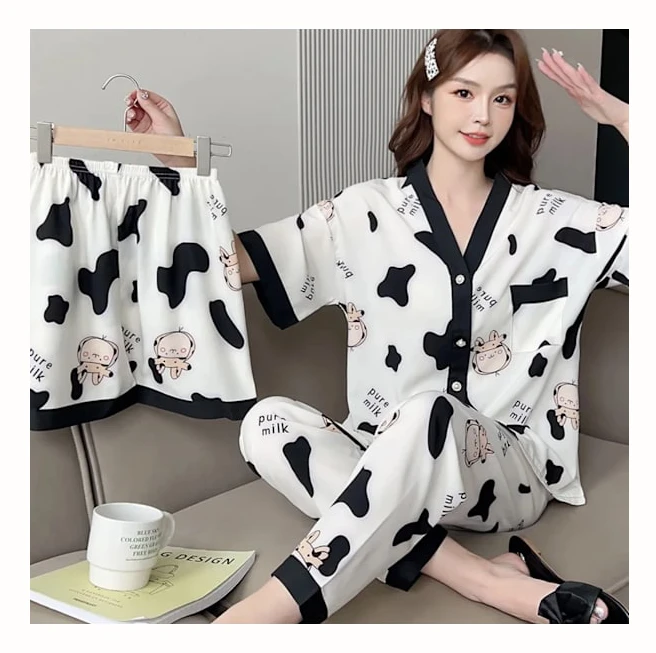 Dam 3 Pyjamas Hemmakläder Kvinnor Casual Klänning Korta Smala Shorts Långa Byxor Pyjamas Lösa Tjejer Hemmakläder Pyjamas Svart XXL(70-75kg)