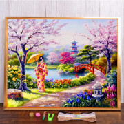 Landskap Körsbärsblomningsträd Tryckt tyg Korsstygn Set Broderi Handarbete Hantverk Hobby Sömnad Mulina Partihandel Stämplad HMA70936 40x50cm