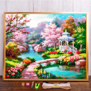 Landskap Körsbärsblomsträd Tryckt Tyg Korsstygn Set Broderi Handarbete Hantverk Hobby Sömnad Mulina Partihandel Stämplad HMA70934 40x50cm