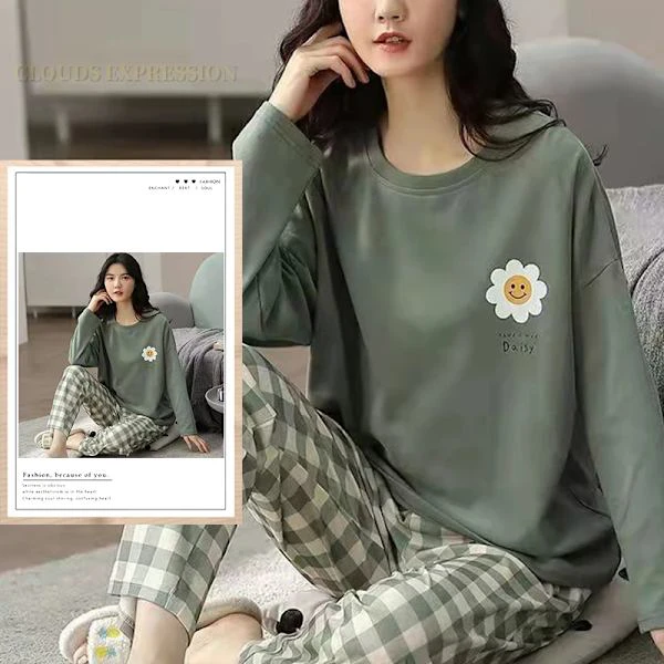 Vårt Höst Stora Storlek 5Xl Kvinnor Polyester Pyjamas Plaid Sömnkläder Långärmade Hemkläder Sets Damer Simm Loose Casual Pijamas W9 KVINNOR PAJAMAS M