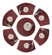 Runda Bordstabletter Set om 7 Vävd Vinyl 6 Kilformade Bordstabletter med Mittbit Rund Matta för Köksbord Runda Bordstabletter Lätt att Torka Av (7, Grön)