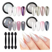 Krom Nagelpulver, Vitt Pärlmetallic Spegel Holografiskt Krompulver för Naglar, Pärlglitter Pigment Damm Kit Nagelkonst Dekoration