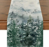 Green Tree Snow Christmas Table Runner, Seasonal Winter Holiday Kitchen Dining Table Decoration for Home Party Decor 13x108 Inch