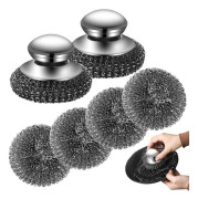 Paket med skursvamp i rostfritt stål med handtag och 4 ersättningsdynor, 10 cm stor stålull i rostfritt stål för rengöring av kökskastruller, stekpannor, grillar