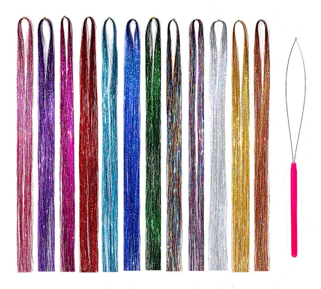 Glitter Tinsel Hårförlängningar med Verktyg 12 Färger