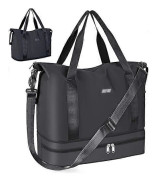 Resväska, 29L Weekendväska med Trolley Sleeve, Torr & Våt Separerad Sport Gymväska Vattentät Väska Kabinväska för Kvinnor Män Tote Bag Kabinväska Black