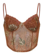 Mesh Toppar Slimmande Brun Vintage Mönster Navel-baring Toppar för Festival Hem-lingling} M