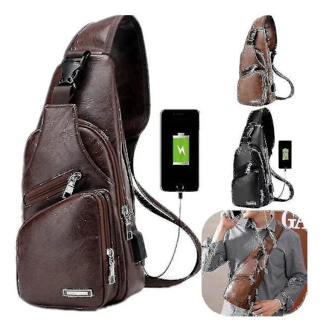 Vintage Läder Bröstväska för Män med USB-Laddningsport, Affärsresa, Dagryggsäck, Slingväska, Axelväska, Crossbody