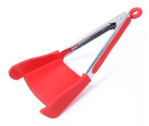 2 i 1 Smart Kökskrapa och Tång Värmebeständig Non-Stick Rostfritt Stål Ram Silikon Tång Köksredskap Gadget Röd