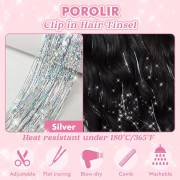 Clip in Hårglitter Kit, 6-pack Glitter Fairy Hårglitterförlängningar 50 cm Glänsande Hårglitter Värmebeständigt (Silver)