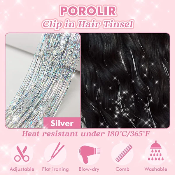 Clip in Hårglitter Kit, 6-pack Glitter Fairy Hårglitterförlängningar 50 cm Glänsande Hårglitter Värmebeständigt (Silver)