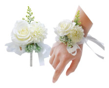 2-pack Blommor Handledskorsage Boutonniere Set, 7,6 cm Konstgjord Ros och Nejlikor Handgjord Sidenblomma (Vit)