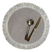 Set med 6 runda bordstabletter i jute med enkel frans för bordsdekoration, värmeisolering (khaki)